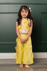 Flower Embroidered off white top with yellow pants having flower embroidery - Kirti Agarwal