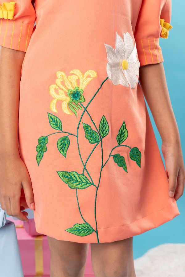 Flower embroidered orange frock with yellow pleats on top - Kirti Agarwal