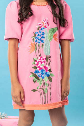 Flower embroidered pink frock with pleats on top and hem - Kirti Agarwal