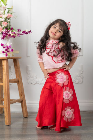 Flower Embroidered pink top with red embroidered pants - Kirti Agarwal