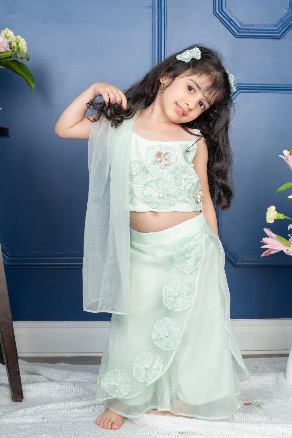 Flower Embroidered sea green crop top with Layered Palazzo and cape - Kirti Agarwal