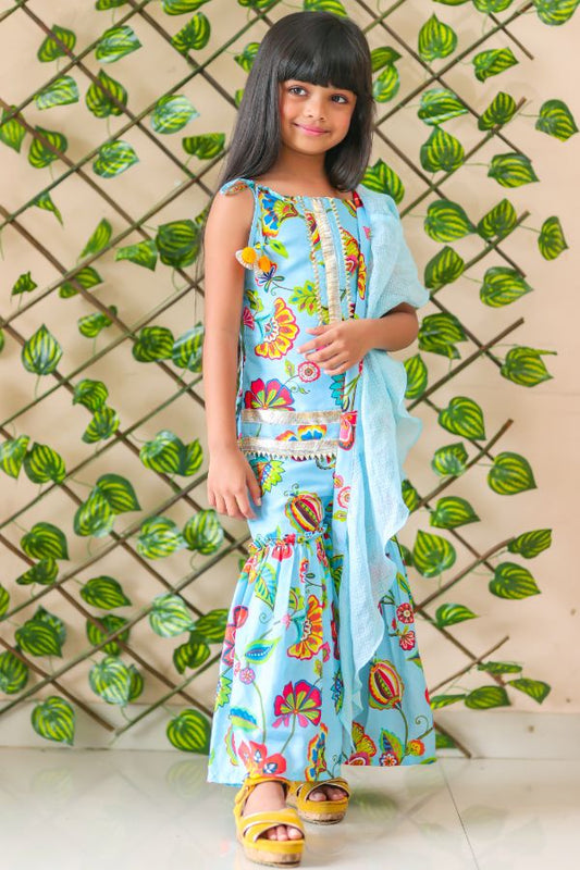 Flower Print Short Kurta with Sharara and Dupatta - Kirti Agarwal