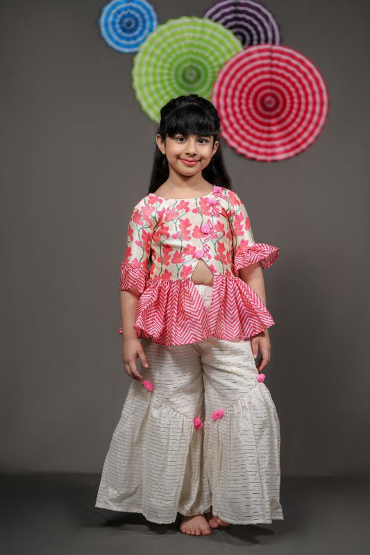 Flower Printed Peplum Top with off white Sharara - Kirti Agarwal