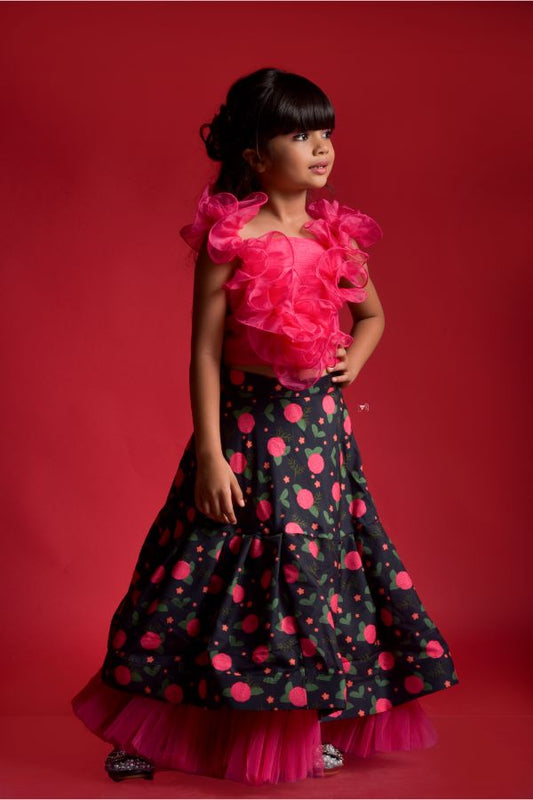 Flowered Ghagra with Frilled Organza Top - Kirti Agarwal