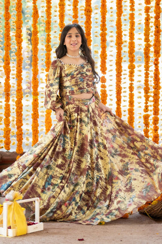 Gorgeous gold foil print crop top with Lahenga - Kirti Agarwal