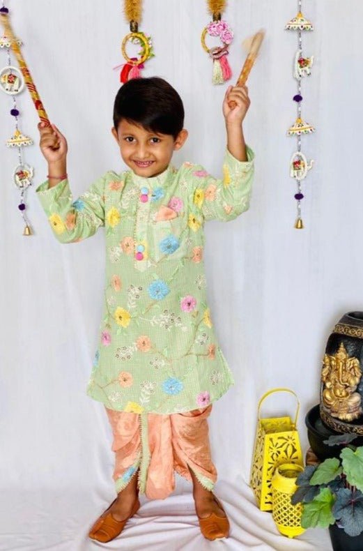 Green Embroidered Kurta with Dark Peach Dhoti - Kirti Agarwal