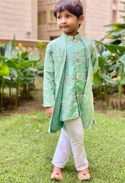 Green Embroidered Kurta with offwhite Chudidar - Kirti Agarwal