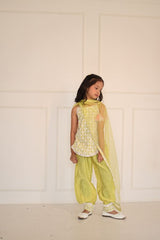 Green embroidered short kurta with dhoti salwar and dupatta - Kirti Agarwal