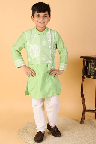 Green Kurta With Floral Thread Embroidered Asymmetric Attached Jacket And Pyjama - Kirti Agarwal