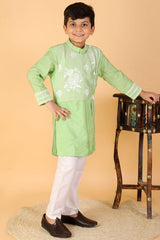 Green Kurta With Floral Thread Embroidered Asymmetric Attached Jacket And Pyjama - Kirti Agarwal