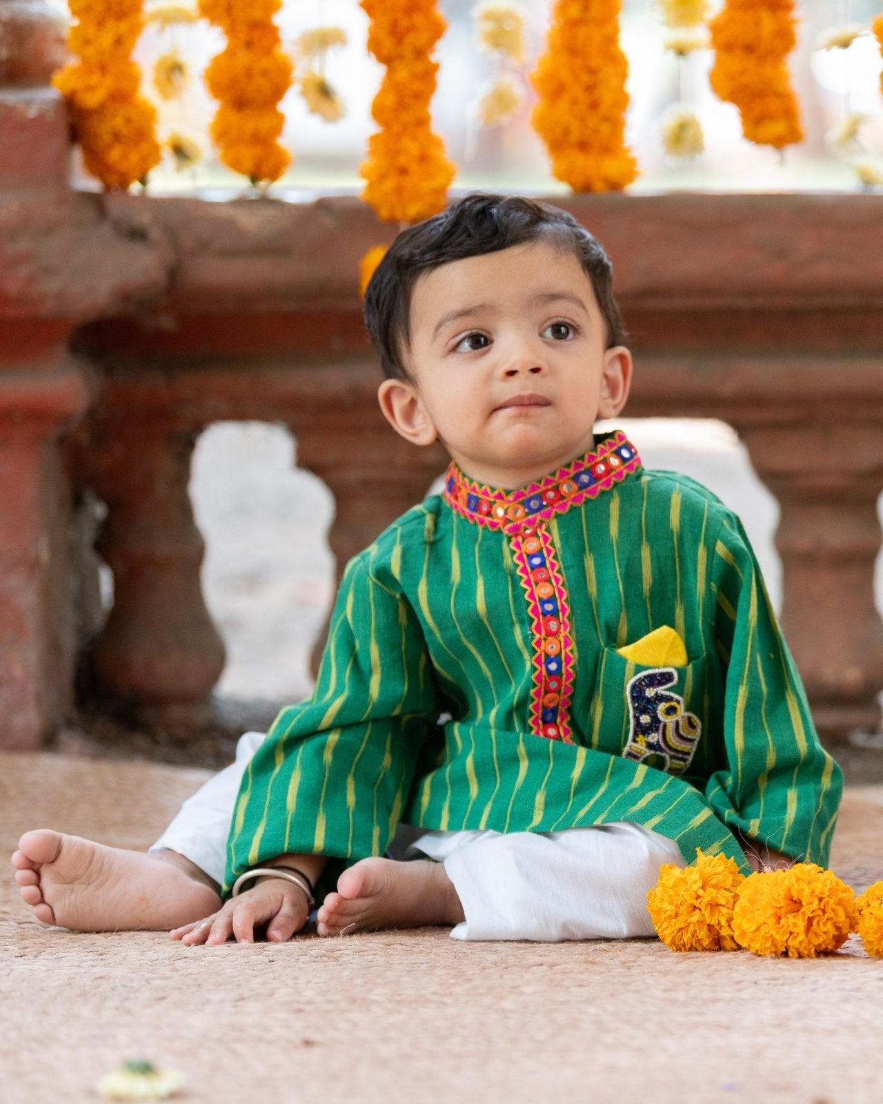 Green Printed Ikkat Kurta With Pyjama - Kirti Agarwal