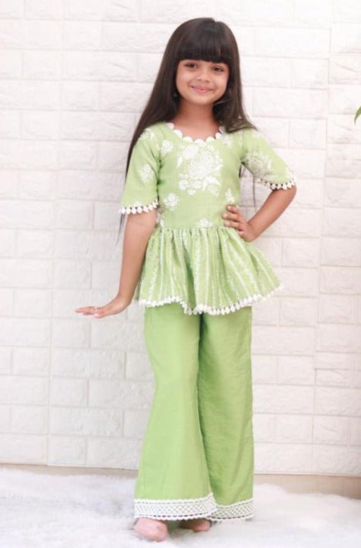 Green Thread Embroidered And Lace Work Kurti With Palazzo - Kirti Agarwal