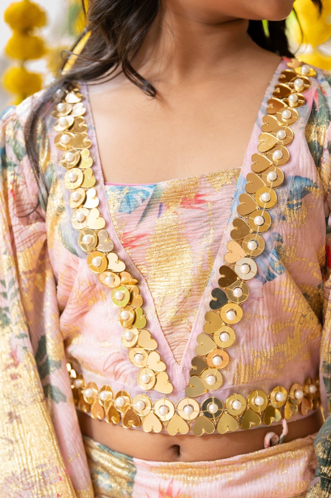 Heart Shaped Mirror Embellished Top With Floral print Lehenga - Kirti Agarwal