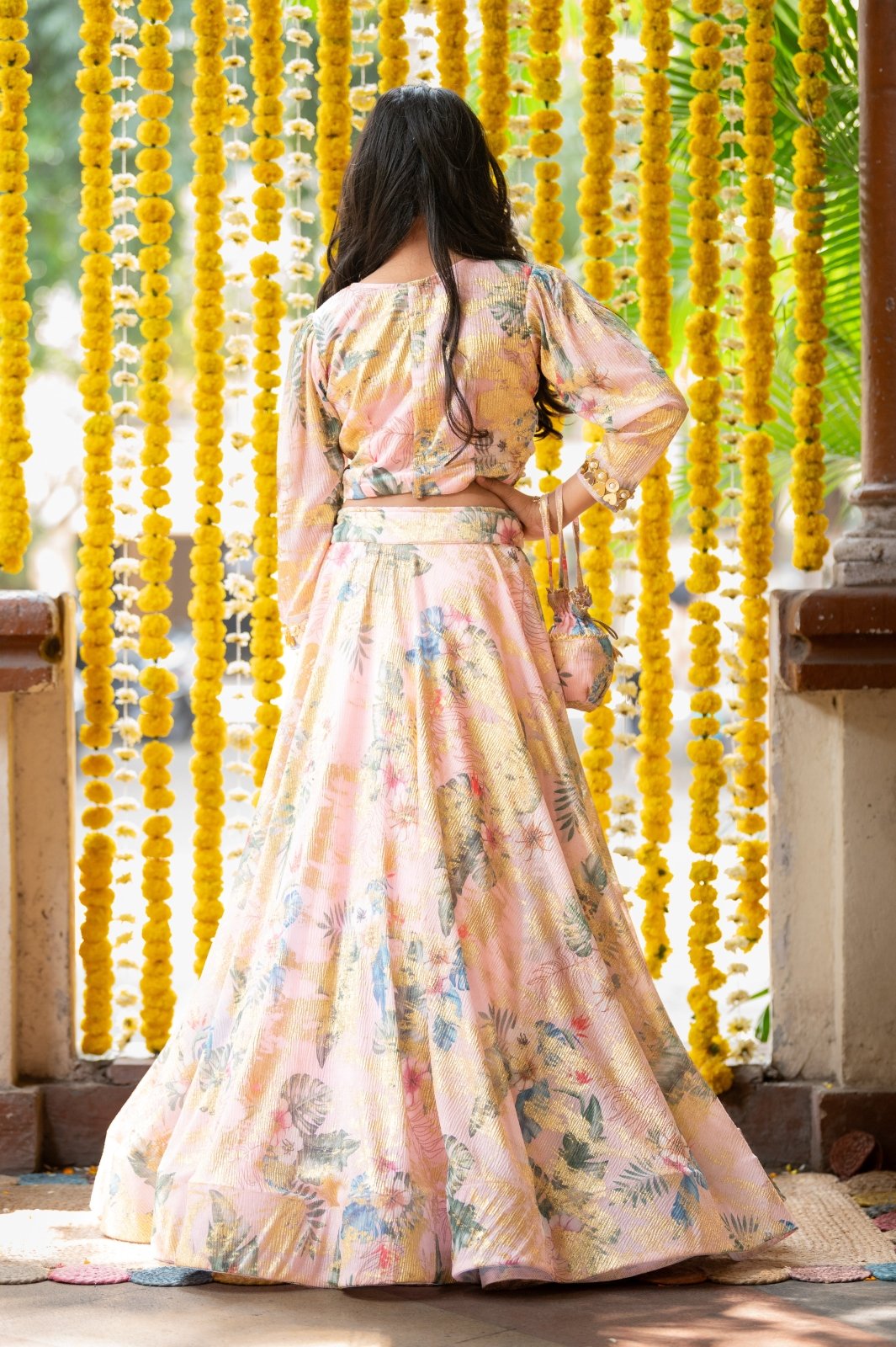 Heart Shaped Mirror Embellished Top With Floral print Lehenga - Kirti Agarwal