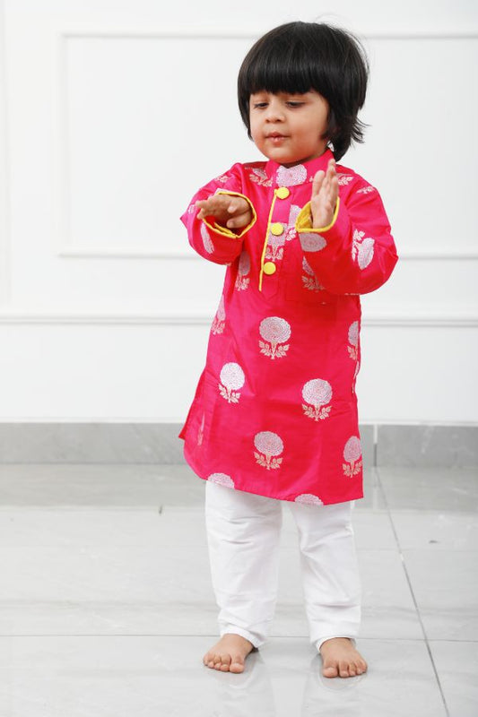Hot Pink Floral Brocade Kurta With Pyjama - Kirti Agarwal