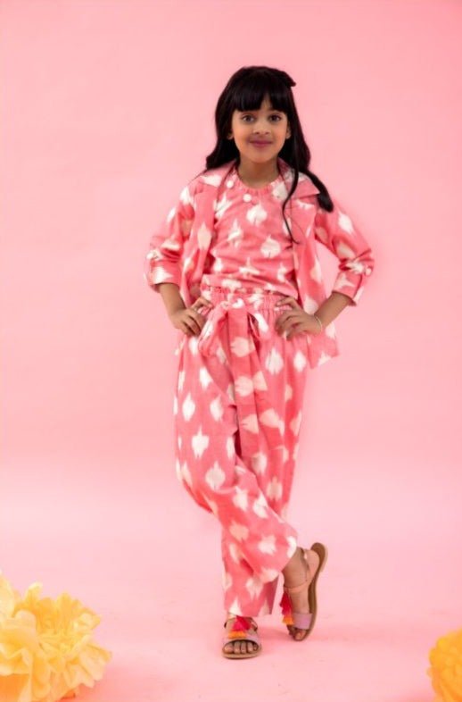 Ikkat Printed Cotton Baby Pink Top With Notch Collar Jacket And Knot Detail Pant - Kirti Agarwal