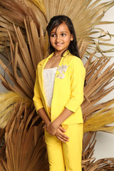 Lace work Top With Collar Yellow Jacket And lycra crepe Pant - Kirti Agarwal