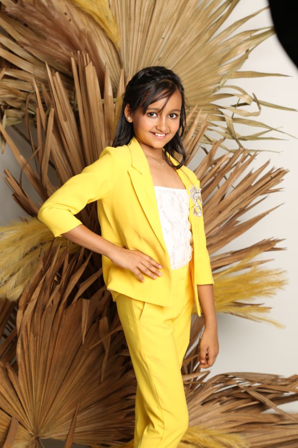 Lace work Top With Collar Yellow Jacket And lycra crepe Pant - Kirti Agarwal