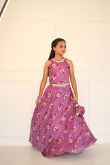 Lavender Printed Organza Ghagra with crop top and Potli - Kirti Agarwal