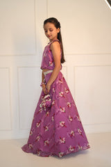 Lavender Printed Organza Ghagra with crop top and Potli - Kirti Agarwal