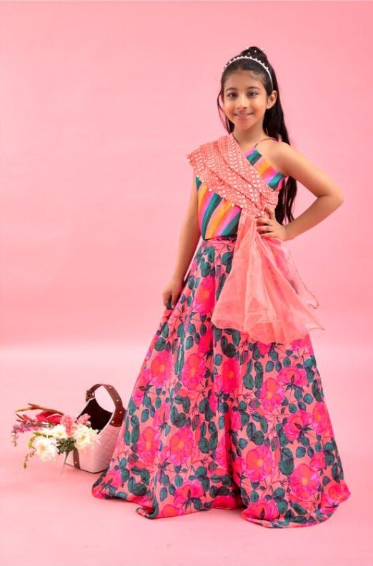 Layered Cape with Crop Top with Floral Lahenga - Kirti Agarwal