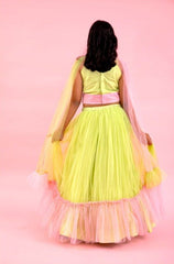 Light Lime Green And Baby Pink Dual Tone Pleated Top And Ruffle Lehenga With Knot Detail Dupatta - Kirti Agarwal