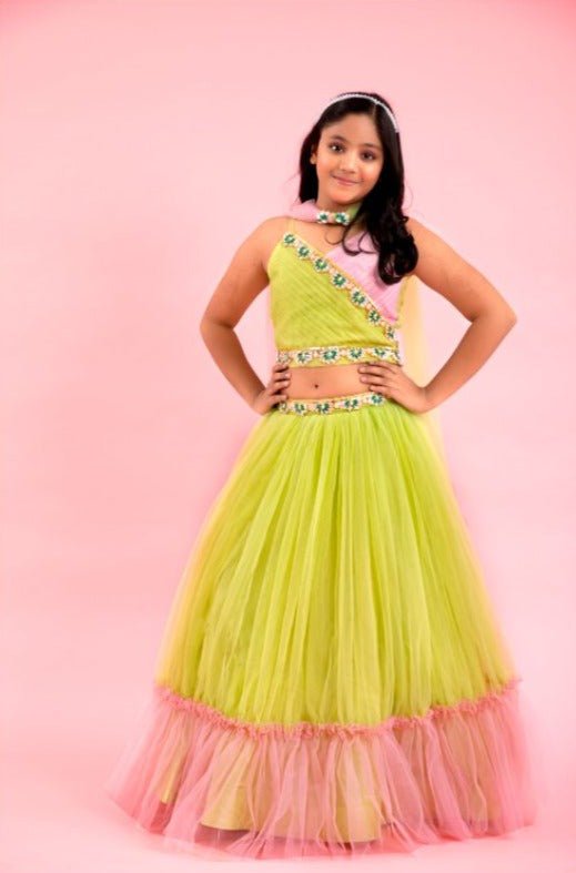 Light Lime Green And Baby Pink Dual Tone Pleated Top And Ruffle Lehenga With Knot Detail Dupatta - Kirti Agarwal