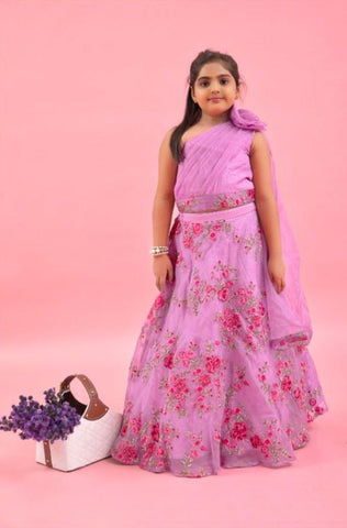 Lilac Pleated Rose Drape Top And Floral Embroidered Lehenga - Kirti Agarwal