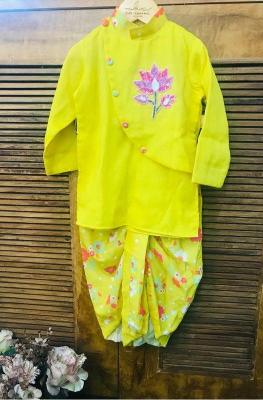 Lotus Embroidered Kurta with Printed Dhoti - Kirti Agarwal