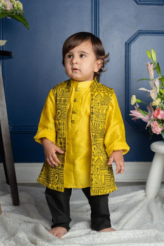 Mandarin Collar Yellow Kurta With Pocket Detail Embroidered Jacket And Pyjama - Kirti Agarwal