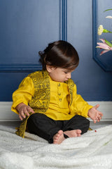 Mandarin Collar Yellow Kurta With Pocket Detail Embroidered Jacket And Pyjama - Kirti Agarwal