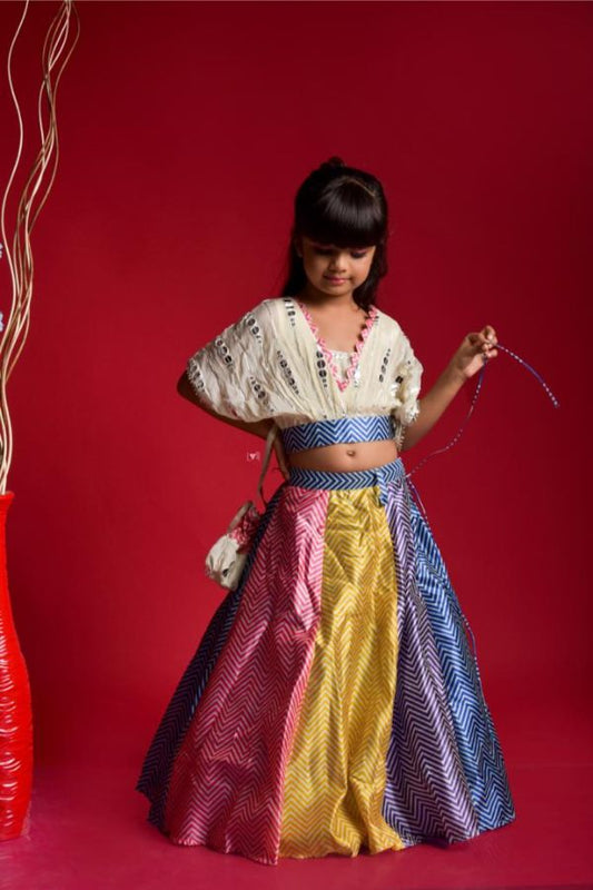 Multicolour Ghagra with V Neck style top - Kirti Agarwal
