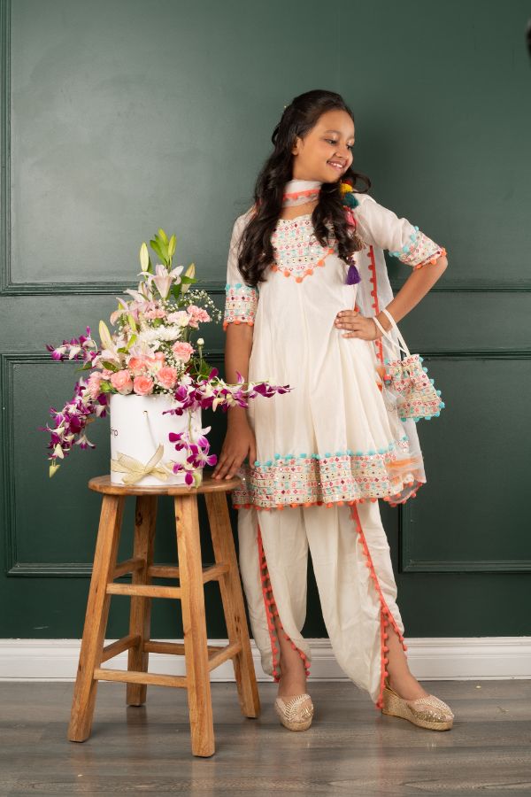 Off white Embroidered kurta with enhanced border on kurta and dhoti - Kirti Agarwal