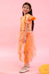 One off Shoulder Crop top with Orange Check Print Skirt - Kirti Agarwal