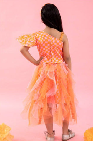 One off Shoulder Crop top with Orange Check Print Skirt - Kirti Agarwal