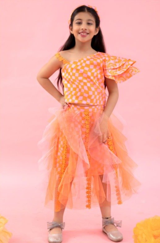 One off Shoulder Crop top with Orange Check Print Skirt - Kirti Agarwal