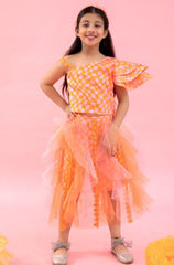 One off Shoulder Crop top with Orange Check Print Skirt - Kirti Agarwal