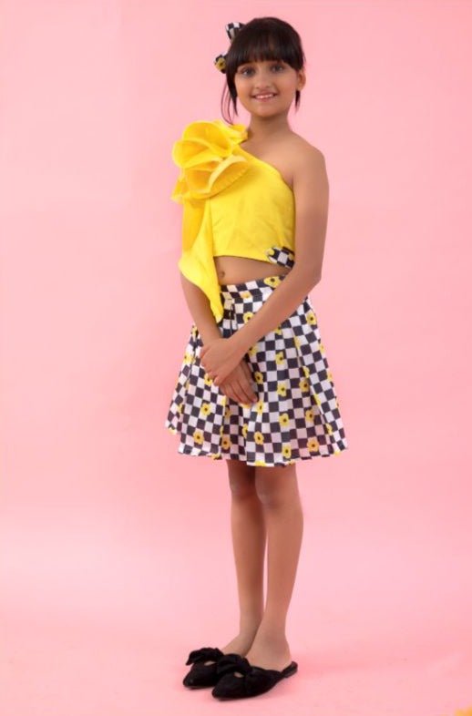 One Off shoulder flarry flowered crop top with box pleat skirts - Kirti Agarwal