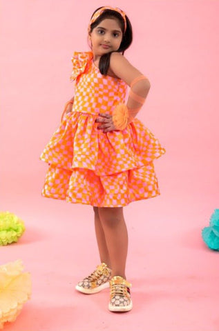 One off shoulder orange check frock with heart shaped bag - Kirti Agarwal