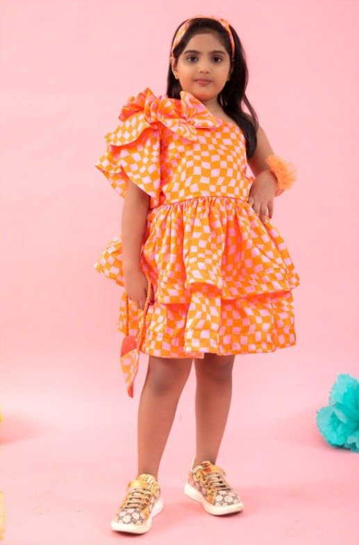 One off shoulder orange check frock with heart shaped bag - Kirti Agarwal
