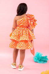 One off shoulder orange check frock with heart shaped bag - Kirti Agarwal