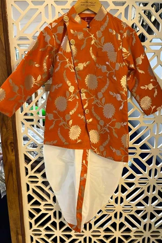 Orange Floral Brocade Asymmetric Kurta With Dhoti - Kirti Agarwal