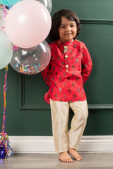 Patch Pocket Detail Red High Low Kurta And Pyjama - Kirti Agarwal