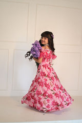 Pink Flowered Top with Flowery Organza Ghagra - Kirti Agarwal
