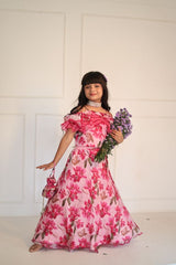 Pink Flowered Top with Flowery Organza Ghagra - Kirti Agarwal