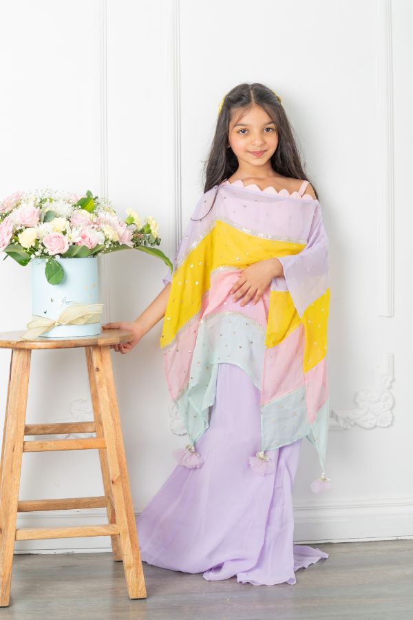 Pink Top With Multicoloured Cape And Lavender Palazzo - Kirti Agarwal