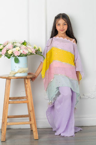 Pink Top With Multicoloured Cape And Lavender Palazzo - Kirti Agarwal