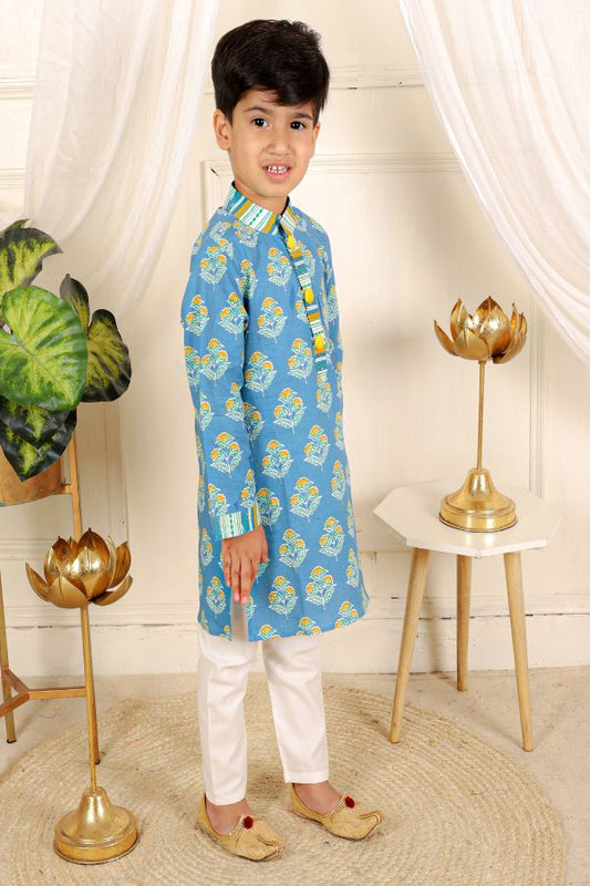 Pure Cotton Patch Pocket Detail Ink Blue Kurta And White Pyjama - Kirti Agarwal