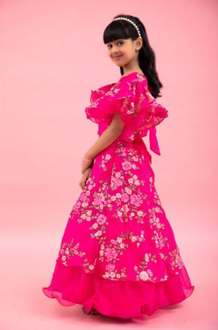 Rani Pink Stylish Frilly Sleeves Embroidered Top And Layered Lehenga - Kirti Agarwal