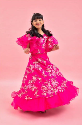 Rani Pink Stylish Frilly Sleeves Embroidered Top And Layered Lehenga - Kirti Agarwal